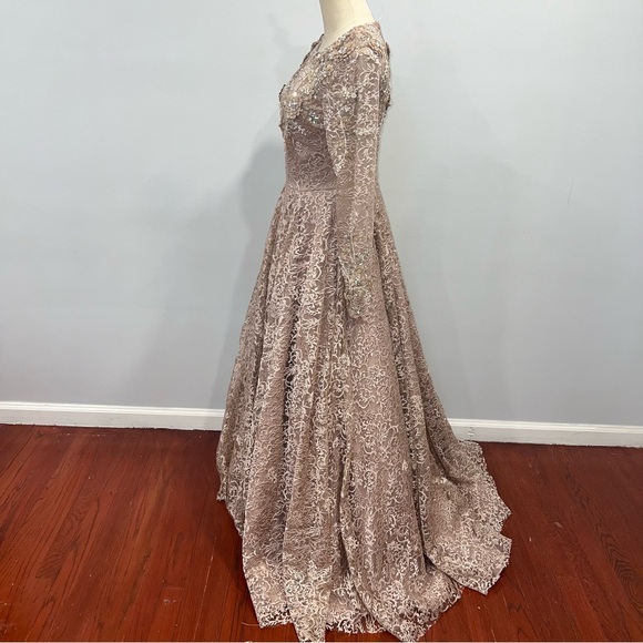 Mac Duggal Embellished Illusion Long Sleeve A line Gown In Mocha Pink - Reemoly - Picture 15 of 17